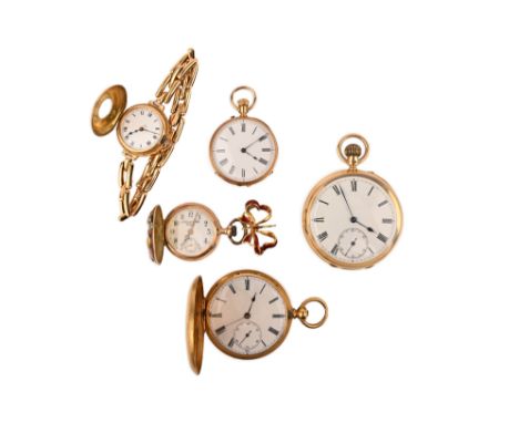 A mixed group of watches, comprising: three 18ct gold pocket watches, one 41mm diameter, British hallmarks, the second 30mm d