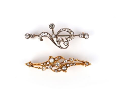 Two Victorian bar brooches, late 19th century, the first of knife wire construction in silver on gold, with a foiliate scroll