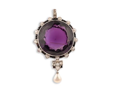 An amethyst, diamond and onyx pendant, the large circular-shaped amethyst with a border alternately-set with diamonds and pai