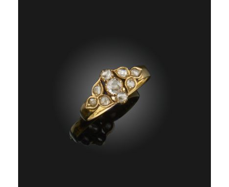 A Victorian diamond cluster ring, set with an old cushion-shaped and rose-cut diamonds in 18ct yellow gold, size S 1/2, case
