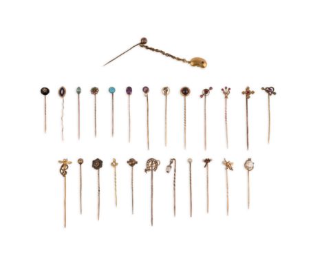 A group of 25 stick pins, of various designs, including five set with rubies; three set with turquoise; six set with pearls (