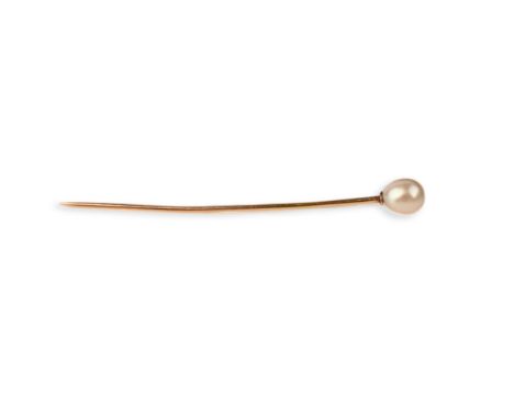 A natural pearl and diamond stick pin, set to one end with a natural pearl measuring approximately 8.0 x 6.8 x 6.9mm, length 