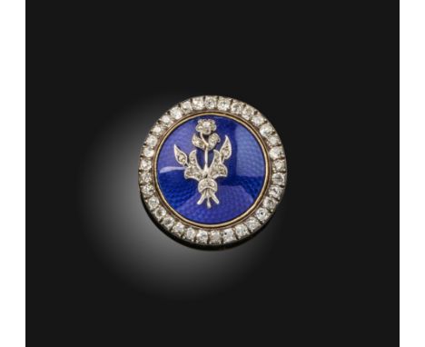 A mid 19th century enamel and diamond brooch, the oval blue enamel plaque applied with a diamond flower, set within a surroun