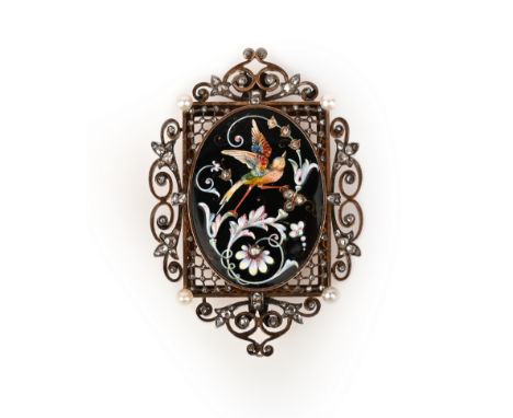 A mid 19th century enamel and diamond brooch, the oval disc depicting a bird of paradise and flowers within lattice rectangul