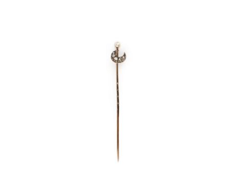 A Victorian pearl and diamond stick pin, late 19th century, designed as a crescent moon set with rose-cut diamonds, terminati