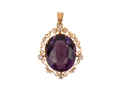 An amethyst and diamond pendant, early 20th century, claw-set with an oval amethyst, within a gold scrollwork border collet-s