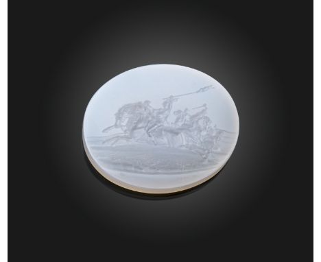 A large and deeply carved oval white chalcedony intaglio, possibly depicting a cavalry engagement, signed within initials AB 