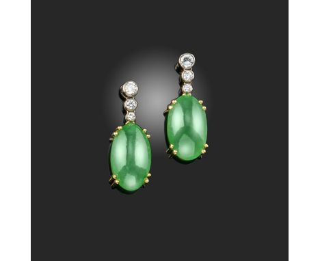 A pair of jade and diamond drop earrings, each designed as a line of three graduated circular-cut diamonds suspending a jadei