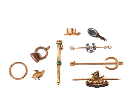 A mixed group of jewels, including two bar brooches of horseshoe design, one late 19th century, set with cushion-shaped sapph