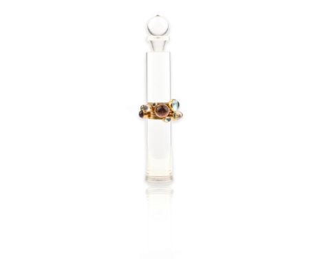 ‡ A gold ring stack by Wendy Ramshaw, then ten rings set with aquamarines, moonstones and tourmalines in yellow gold rubover 