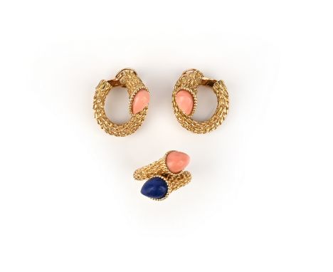 λ A pair of coral Serpent Boheme earrings by Boucheron, set with pear-shaped coral cabochons within textured circular mount i