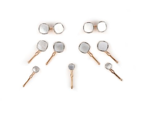 A mother of pearl dress set, first half 20th century, comprising a pair of cufflinks, four buttons and three studs, each set 