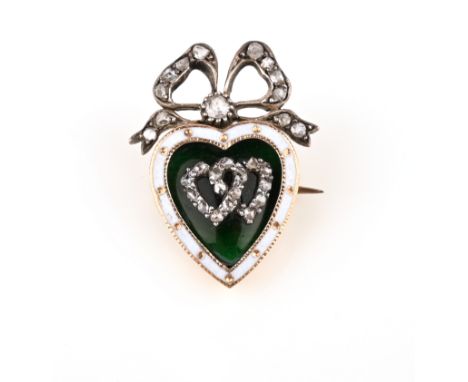 A late 19th century enamel and diamond heart brooch, the interlocking diamond hearts on green enamel ground within white enam