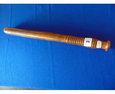 Victorian truncheon in elm, carved in minimalist fashion '(Crown) / VR (letters joined)', ribbed handle, inscribed 'FIELD / 2