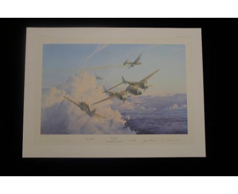 Robert Taylor Hostile Sky Artist Proof signed by 4 WW2 pilots (2 Luftwaffe Fw-190 pilots and 2 USAAF P-38 Lightning pilots). 