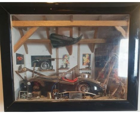 Highly detailed barn scene of a 'leaping cat' in need of attention with parts strewn around the space, work benches and perio