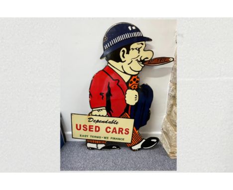 'Easy Terms + We Finance'. Dapper fellow in spats and bowler advertising cars sales, possibly of the dubious kind?&nbsp;Weigh