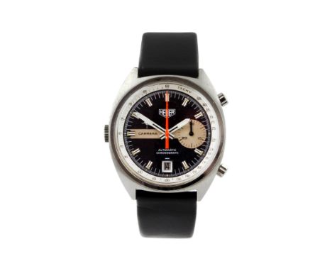An iconic 1970s Heuer Carrera chronograph very sensibly guided.38.5mm stainless steel case, 44mm lug to lug. It has a brushed