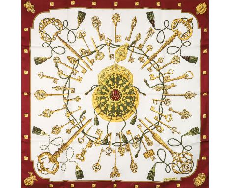 AUFLÖSUNG EINER SAMMLUNG. HERMÈS Seidencarré "LES CLES", by Cathy Latham, Entwurf erstmals erschienen 1965. Akt. NP.: 410,-€.