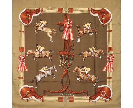 AUFLÖSUNG EINER SAMMLUNG. HERMÈS Seidencarré "JUMPING", by Philippe Ledoux, erstmals erschienen 1971. Akt. NP.: 410,-€. 100% 