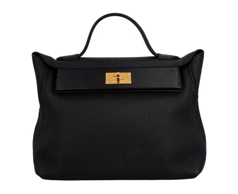 HERMÈS Henkeltasche "24 x 24 - 35", akt. NP.: 7.100,-€. Togo-Kalbsleder und Swift-Kalbsleder in Noir, vergoldeter Schmuck, In