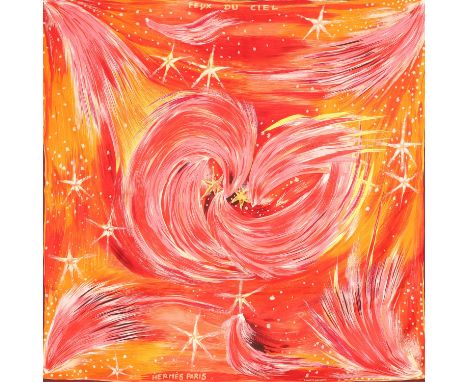HERMÈS Seidencarré "FEUX DE CIEL", by Kwumi Sefedin, Entwurf erschienen 2000. Feuerwerk-Motiv in Rottönen. Handrollierte Säum