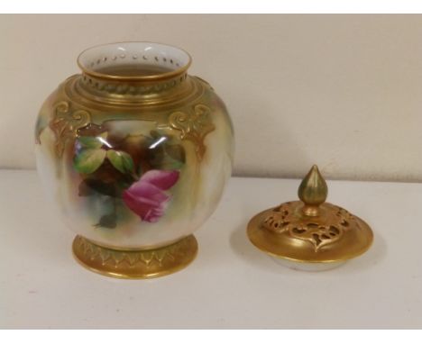 A Royal Worcester rose painted pot pourri, marks for 1910 – restored cover.