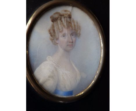 A late 18thC oval watercolour miniature female portrait – label to verso reads 'Harriot, Austrian wife of Colonel Armstrong',