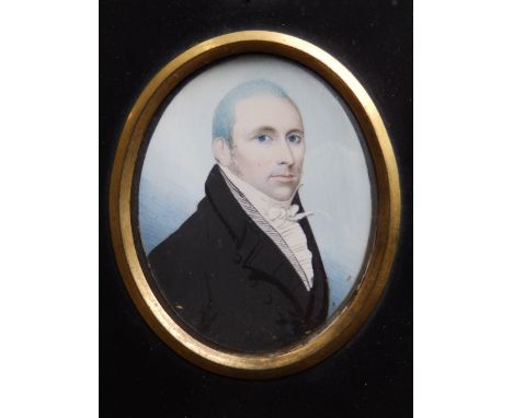 A George III oval watercolour miniature male portrait – label to verso reads 'John Armstrong who died in 1820. A very amicabl