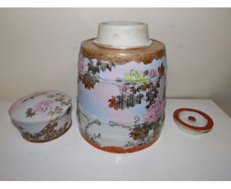 A Japanese Kutani porcelain caddy painted birds & flowers.