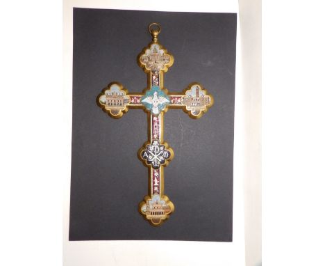A large 19thC Italian gilt brass cross with micro mosaic decoration, dove of peace to centre,architectural panels to the end 