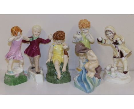 Three Royal Worcester Doughty figures – December 3458, January 3452, August 3441 and three others. (6)