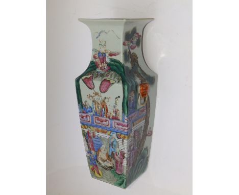 A 19thC Chinese Cantonese porcelain vase of square section, painted in rich colours and with gilding, the front depicting an 