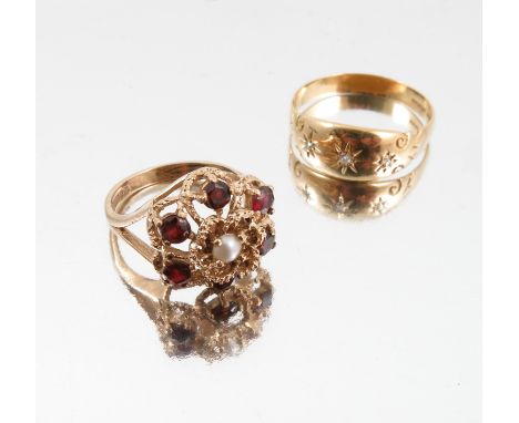 An 18 carat gold ring, set with three small diamonds, finger size T 1/2, 3.6g gross and a 9 carat gold garnet and cultured pe