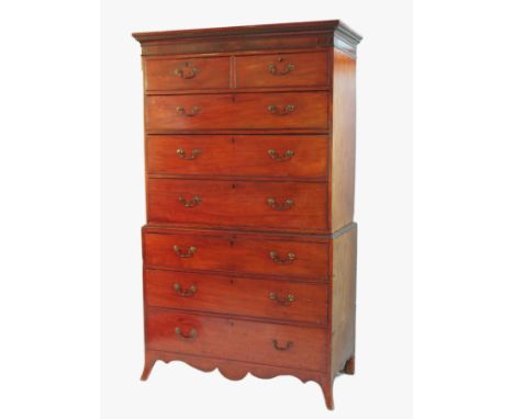 A Georgian mahogany chest on chest, the upper section fitted with two short over three long drawers, below a dentil cornice, 