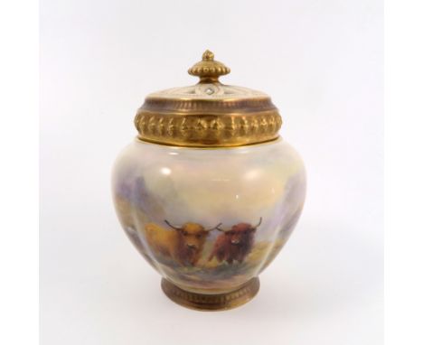 A Royal Worcester pot pourri, with pierced cover and inner cover, the quarter lobbed body hand painted with Highland cattle i