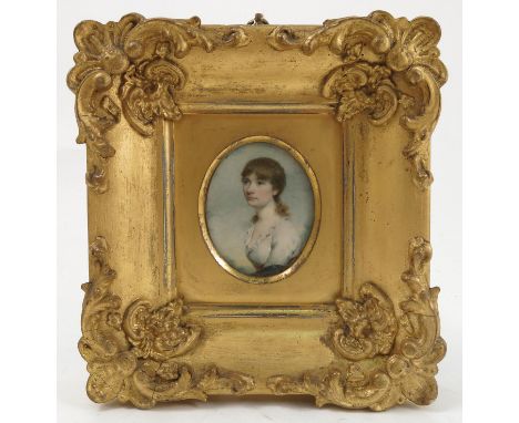 A 19th century oval portrait miniature, of a woman, inscribed verso, Mrs Charles Wilde, Pownell, maximum diameter 2.5ins   Co