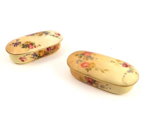 Two Royal Worcester blush ivory covered oblong pots, both decorated with floral sprays, dated 1907 and 1913, length 4ins   Co