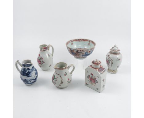 An oriental Imari bowl, together with three sparrow beak jugs, a small vase and a tea caddy   Condition report:  All either c