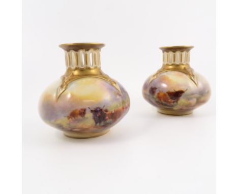 A pair of Royal Worcester vases, with pierced necks, the quarter lobbed body hand painted with Highland cattle in landscape b