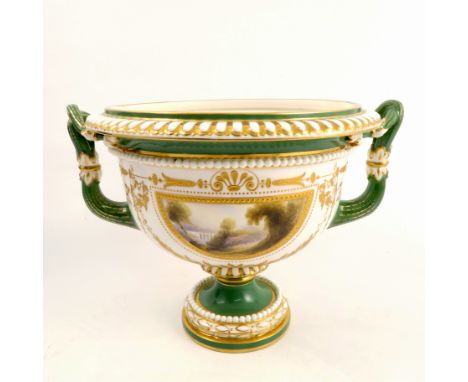 A Royal Worcester pedestal vase, decorated with two D shaped reserves painted with landscapes by H Davis, with green borders,