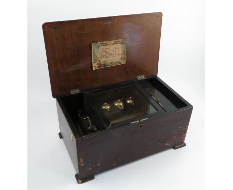 A 19th century cased cylinder music box, playing eight airs, with three bells, width 19ins