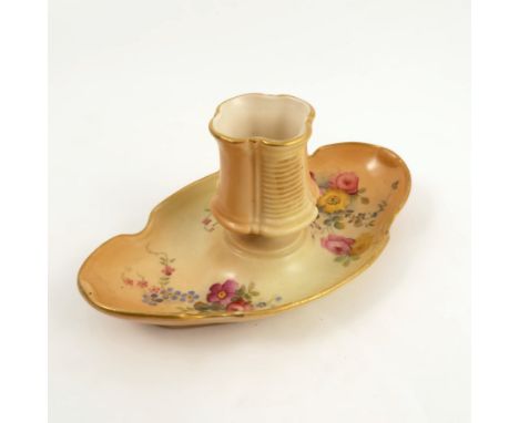 A Royal Worcester blush ivory match holder, decorated with floral sprays, the central holder with ribbing to the sides, on an