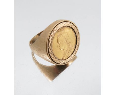 A Victorian shield back half sovereign, in a 9 carat gold ring mount, finger size T, 9.3 gross   Condition report:  Diameter 