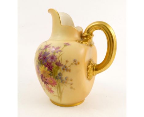 A Royal Worcester blush ivory flat back jug, decorated with floral sprays, shape number 1094, dated 1908, retailed by W D Woo