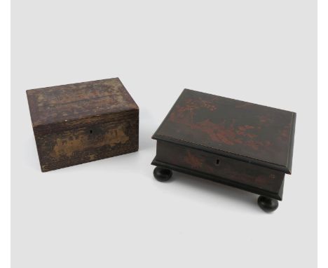 A rectangular ebonised box, decorated in gilt with oriental buildings, foliage and birds the top and sides, the back painted 