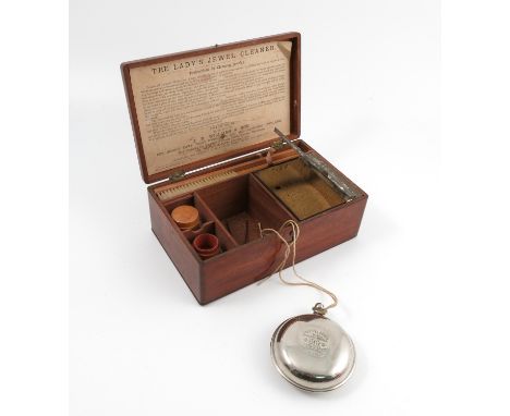 The J R Williams & Son Hatton garden London Lady's Jewel Cleaner kit, the mahogany box containing a tin box, brushes, tweezer