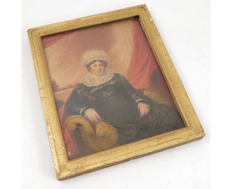 A 19th century watercolour, portrait of a woman seated on a chaise longue, wearing a black dress, lace collar and bonnet, 10i