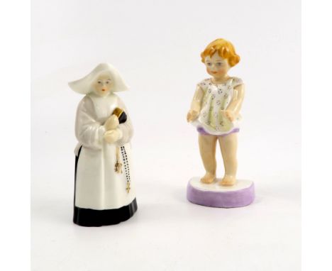 An un-marked Royal Worcester figure, of a young girl standing with her arms outstretched, height 4.5ins, together with a Roya