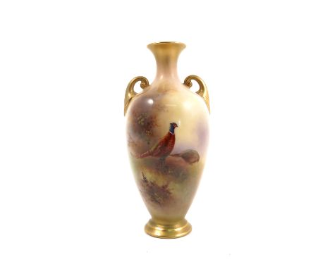 A Royal Worcester vase, the front hand painted with a cock and hen pheasant in landscape by E Barker, shape number H287, date